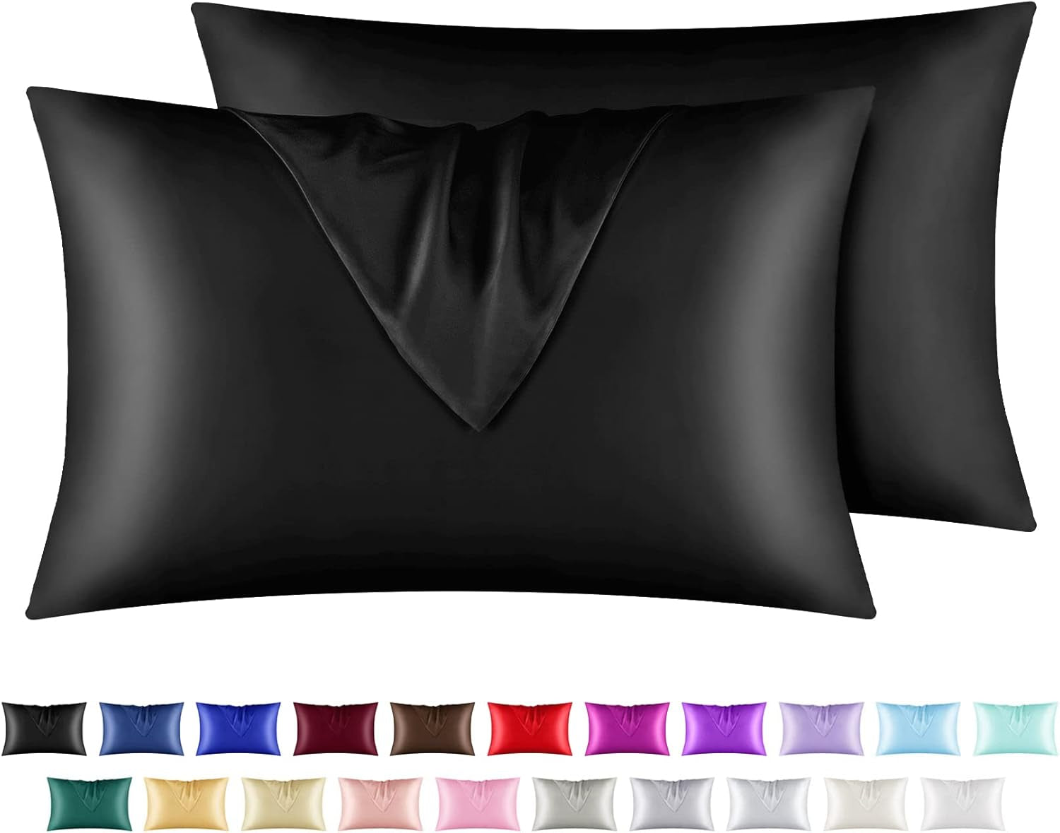 Satin Pillowcase for Hair and Skin, Silk Pillowcase 2 Pack Standard Size with Envelop Closure, Gifts for Women Men (Black, 20”X26”,2Pcs)