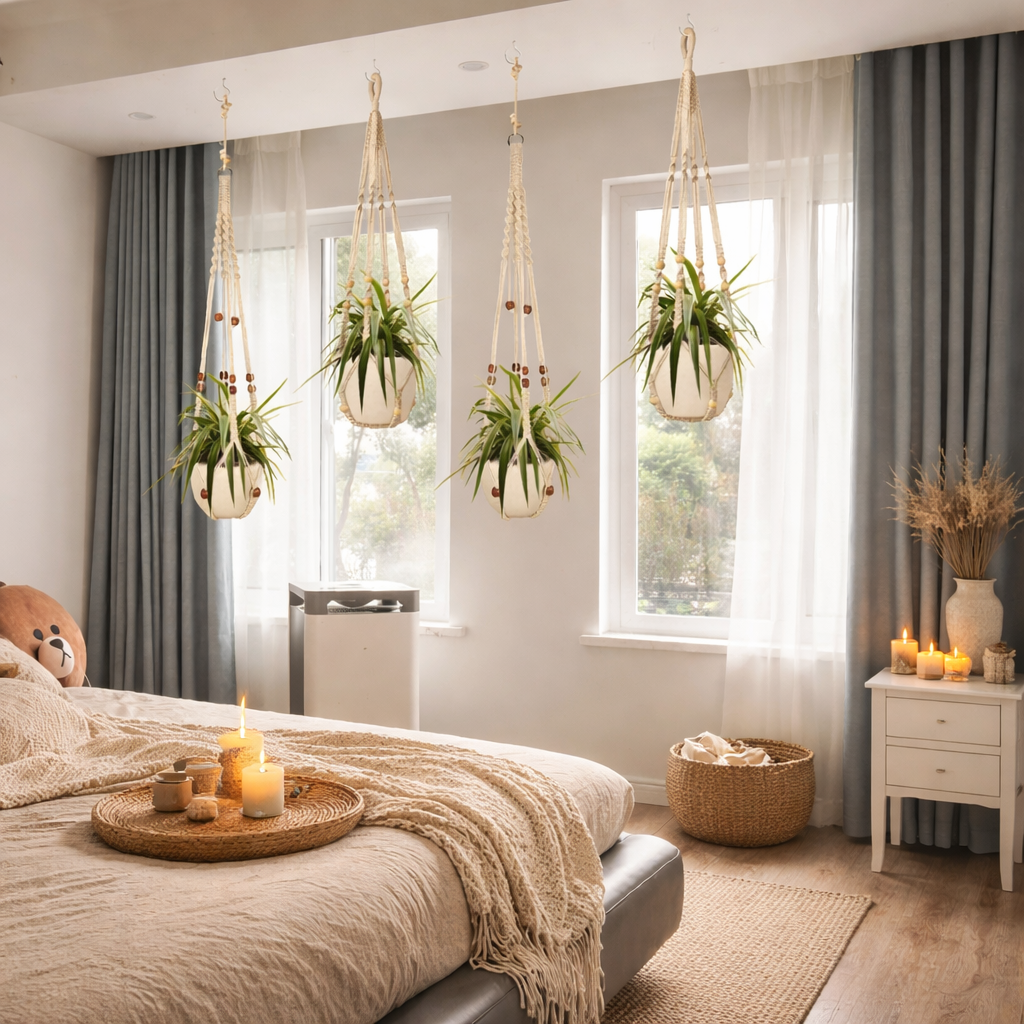 Macrame Plant Hanger Set of 2 - Boho Hanging Planters with Wood Beads